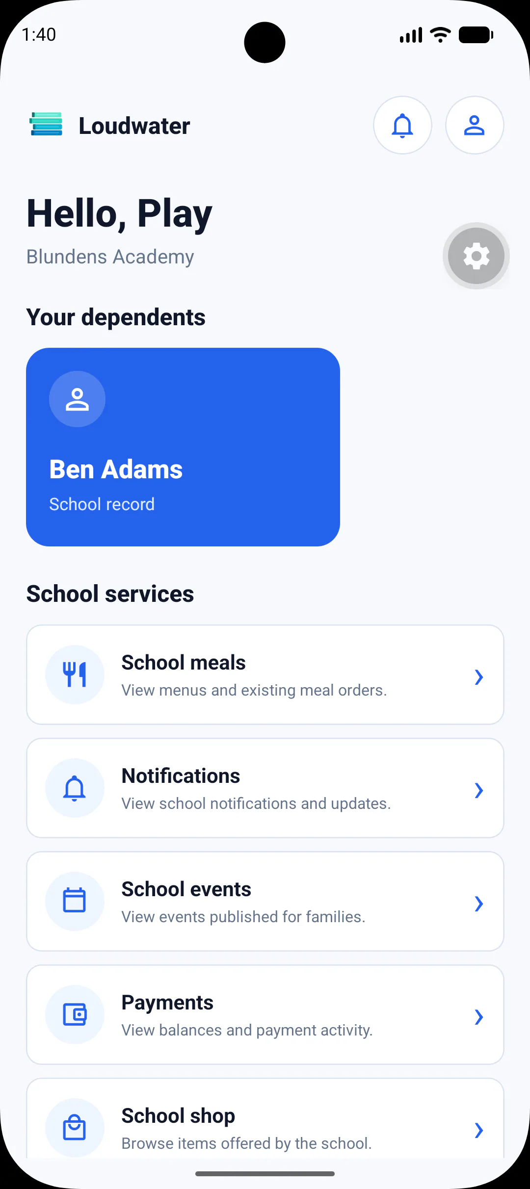 Loudwater parent app home screen with dependants and school services
