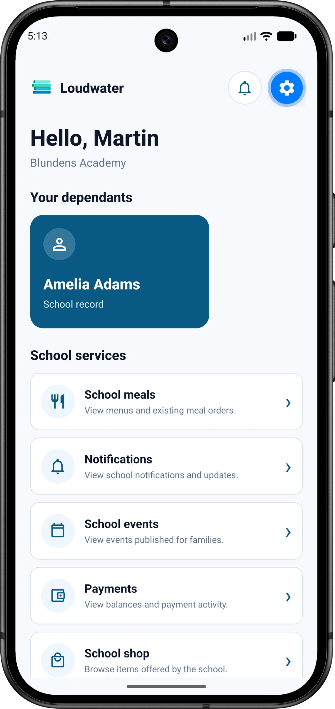 Loudwater parent app home screen with dependants and school services