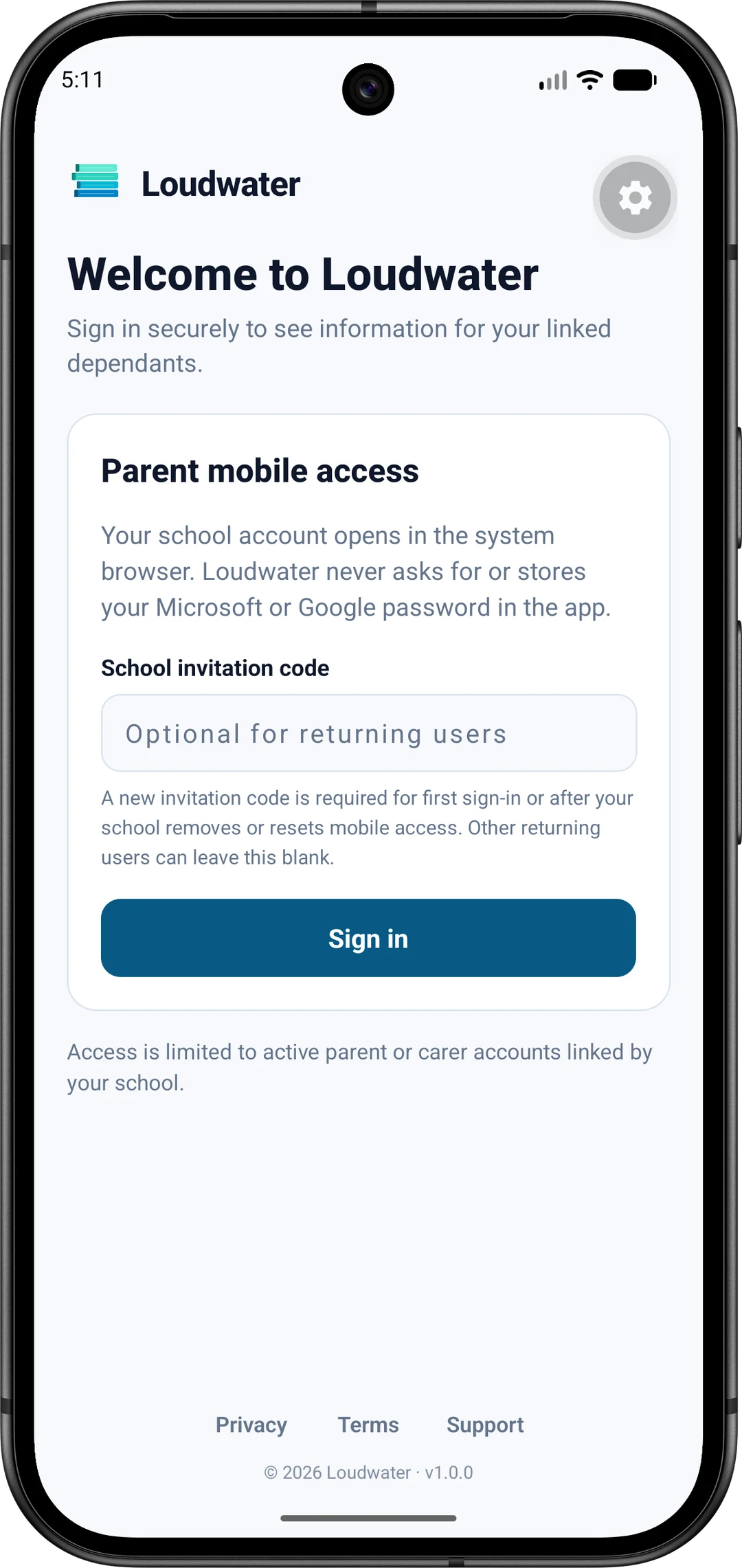Loudwater parent app sign-in screen on an Android phone