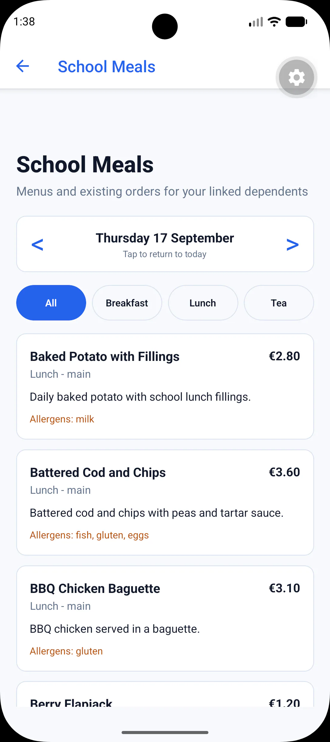Loudwater parent app School Meals screen showing service and date filters