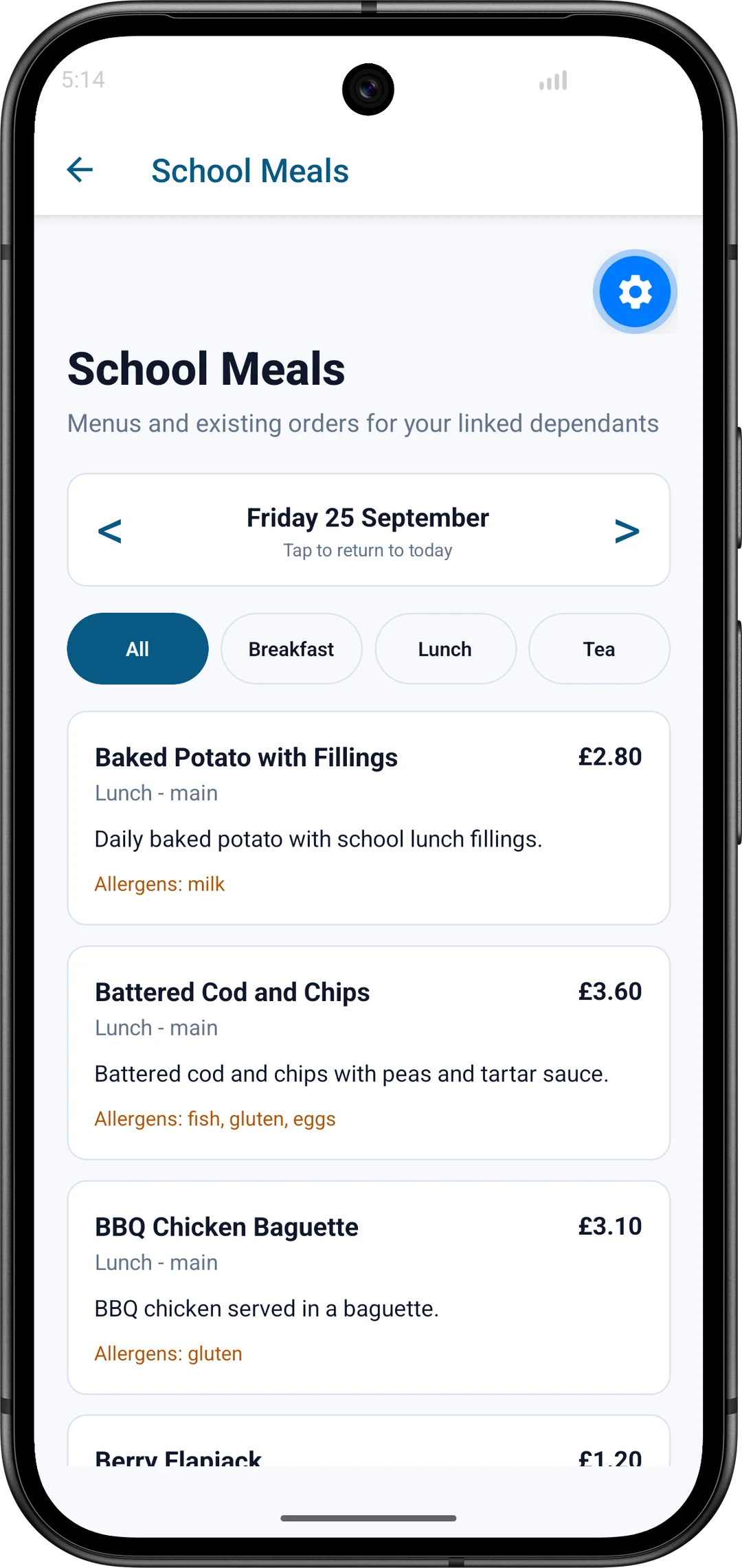 Loudwater parent app School Meals screen showing service and date filters