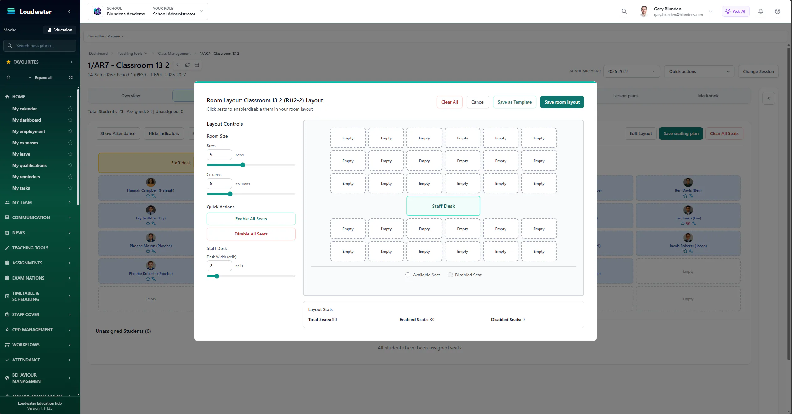 Loudwater seating planner showing a classroom layout with student desks
