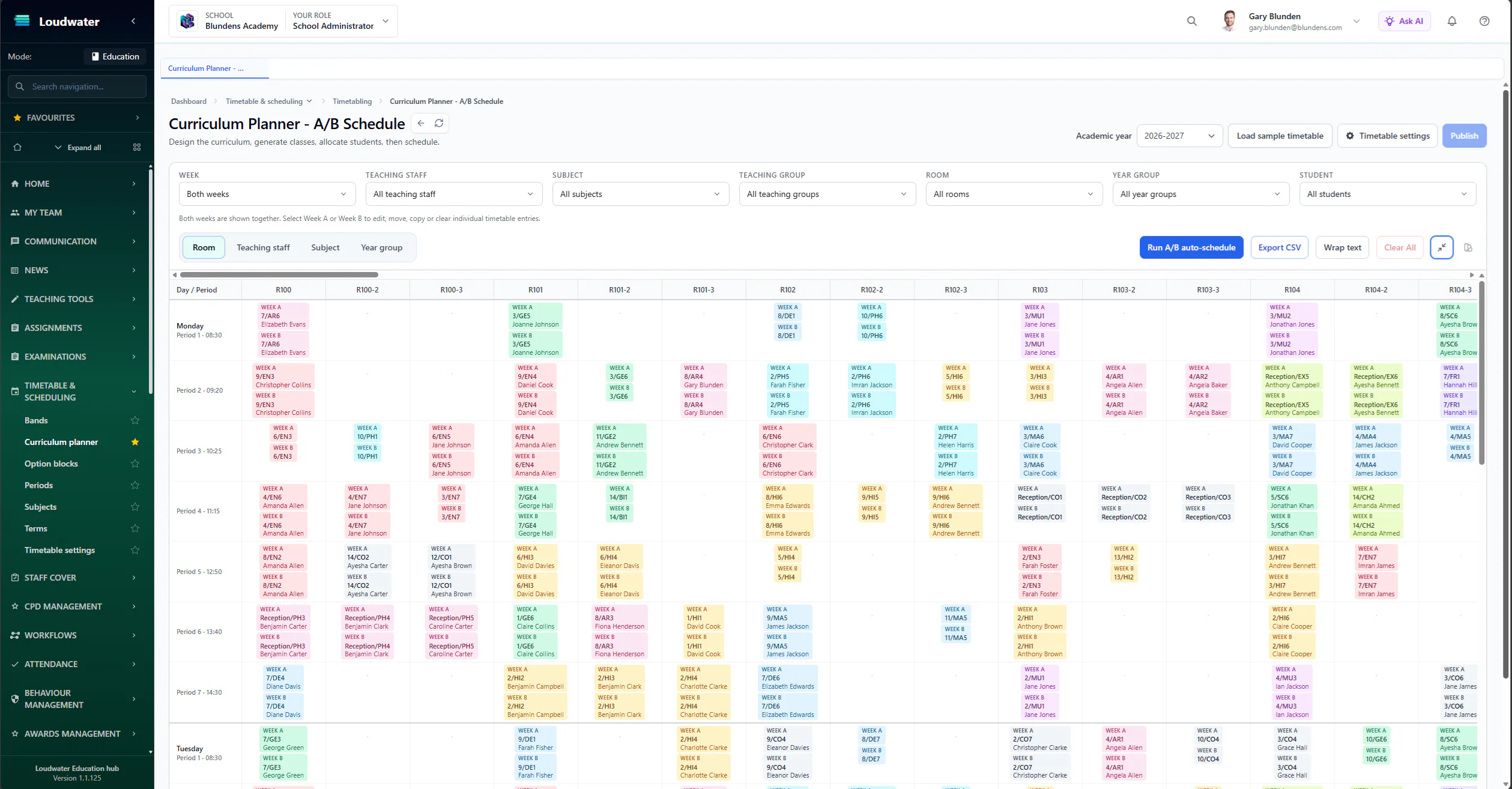 Loudwater curriculum planner showing an A/B school timetable across rooms and periods