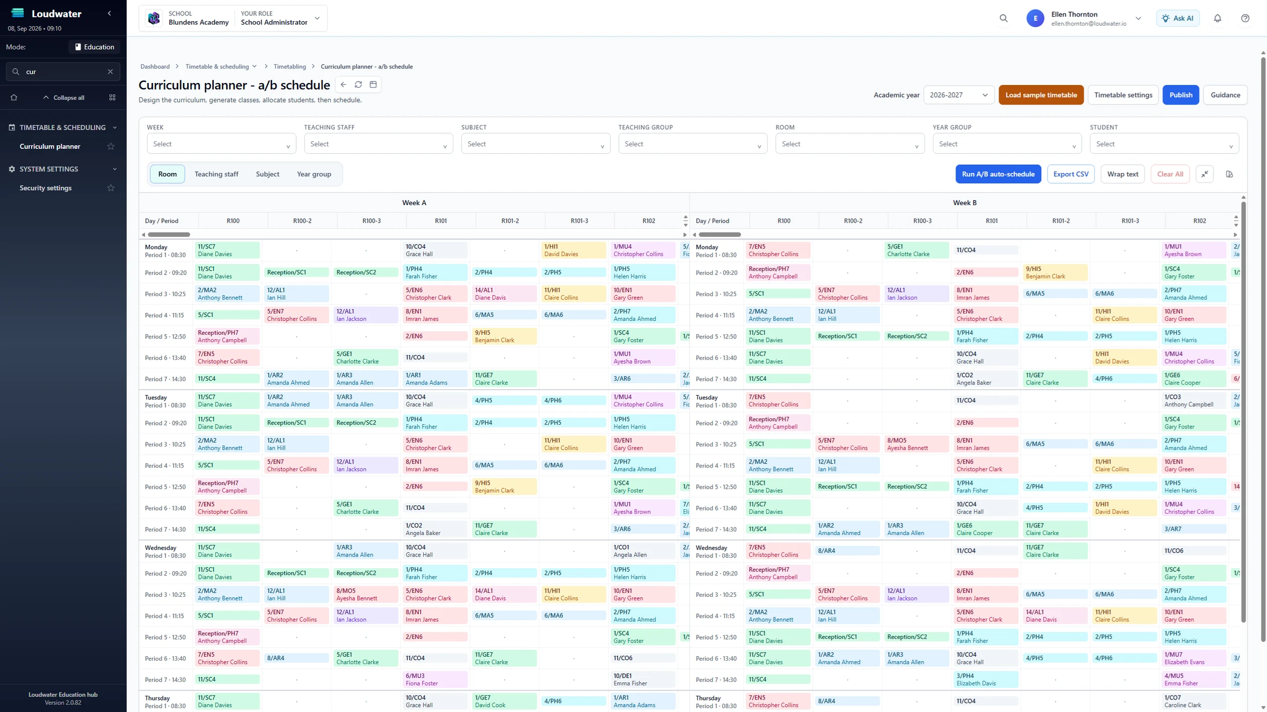 Loudwater curriculum planner showing an A/B school timetable across rooms and periods
